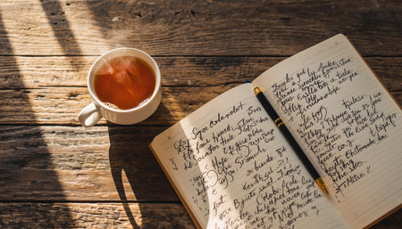 High-angle shot of a simple breakfast setup on a sun-drenched wooden table. Steaming herbal tea and a journal open to handwritten affirmations. Mindful morning routine and self-care.の素材