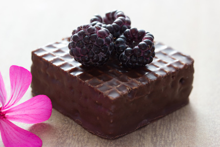 chocolate cake with blackberry on top, flowerの写真素材