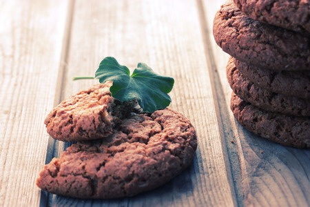 fresh cookie with mint on wooden backgroundの写真素材