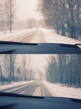 foggy winter road view from a windshieldの写真素材