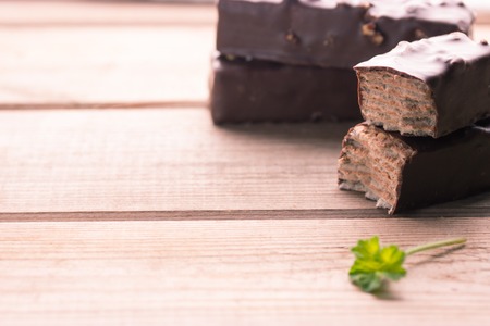 Chocolate dessert with mint on wooden backgroundの写真素材