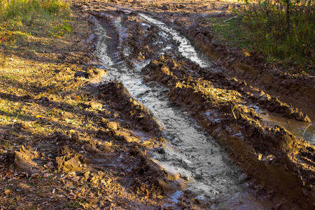 Messy rural dirt road after rain with deep tire tracksの写真素材