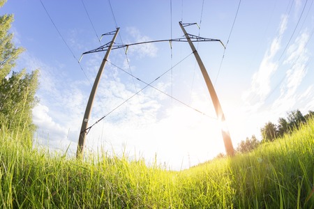 power line in a contryside. shooted with fisheye lens