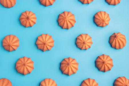 cookies on blue background. Top view. texureの写真素材