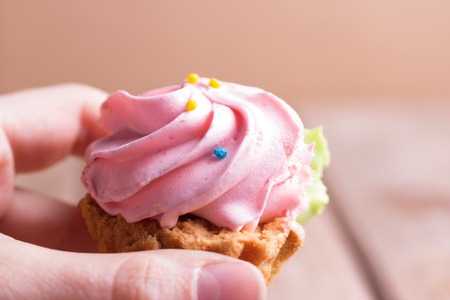 pink cupcake in a hand. close up