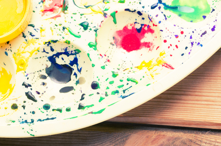 colorful Watercolor paint. on a wooden tableの写真素材