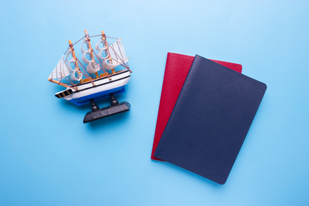 seaman passport concept. passport and ship on blue backgroundの写真素材