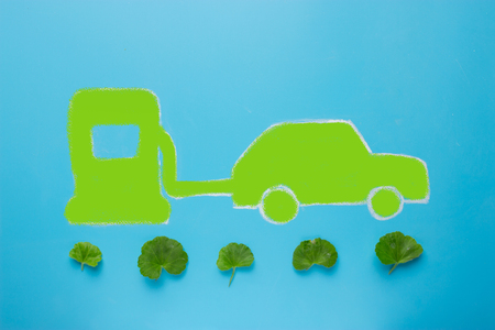eco gasoline concept. green petrol station on blue backgroundの写真素材