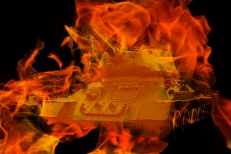 tank in the fire. war concept. double exposureの写真素材