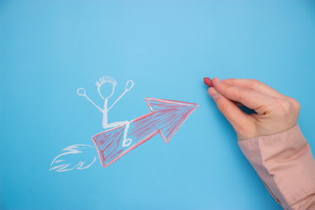 Start-up - Business and Innovation Concept. character sit on the arrowの写真素材