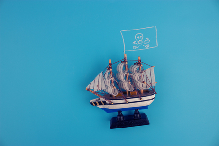 pirate ship model on the blue backgroundの写真素材