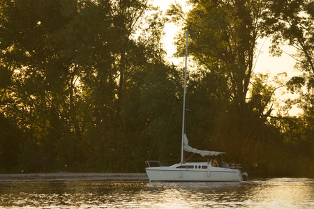 Lone boat sailing into the sunset gold sunlight. treesのeditorial素材