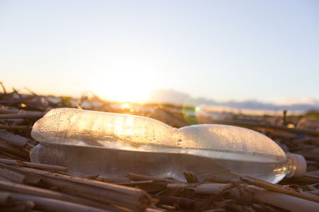 Plastic water bottles pollute ocean. bottle on the cost