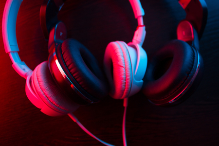 two pairs of headphones. love concept. night clubの写真素材