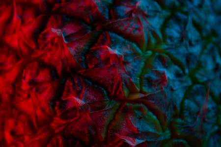 Close up texture of fresh ripe pineapple in neon lightの写真素材