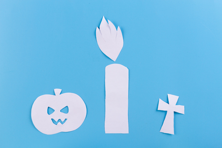 Halloween Pumpkins And Candles On blue backgroundの写真素材