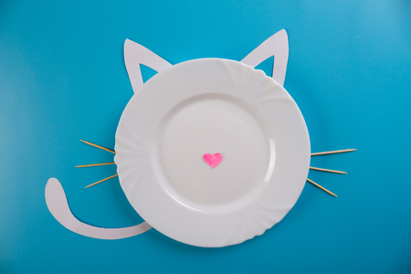 white plate on blue background with funny cat characterの写真素材