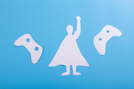 superhero from computer game. blue backgroundの写真素材