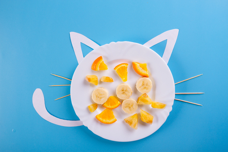 different tropical fruits on the blue backgroundの写真素材