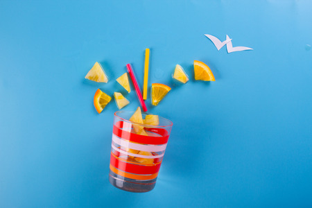 different tropical fruits on the blue backgroundの写真素材