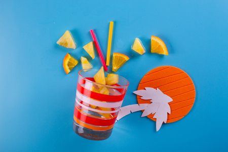different tropical fruits on the blue backgroundの写真素材