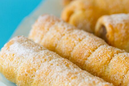 Cookie rolls with chocolate with copy spaceの写真素材