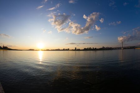 Panoramic view on distant city. Copy spaceの写真素材