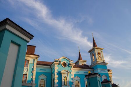 Close up of blue church with copy spaceの写真素材