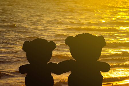Teddy bear couple on the beachの写真素材