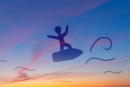 Surfing concept image. Cartoon styled. Colorful background