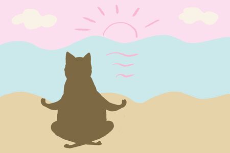 Cartoon cat meditating. Sunset backgroundの写真素材