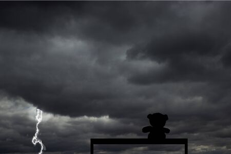 Lonely teddy bear sitting on the branch under the rain