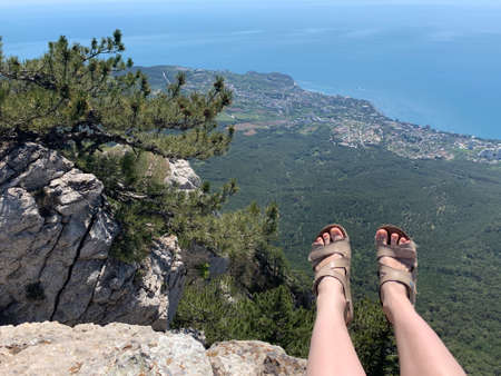 Landscape with mountain peaks and rocks. Sea belowの写真素材