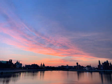 View on the sunset over historical city centerの写真素材
