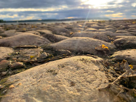 Old stone block road pavement