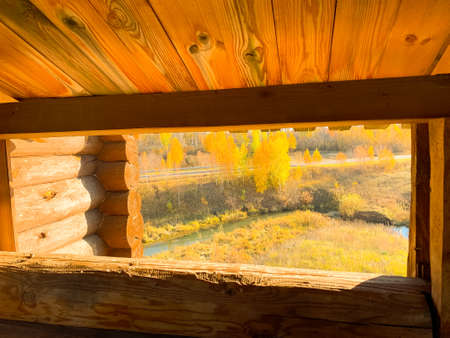 One window of old wooden houseの写真素材