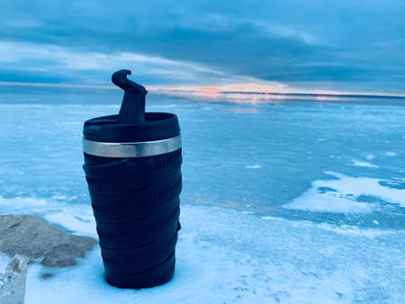 cup of tea. winter landscape backgroundの写真素材