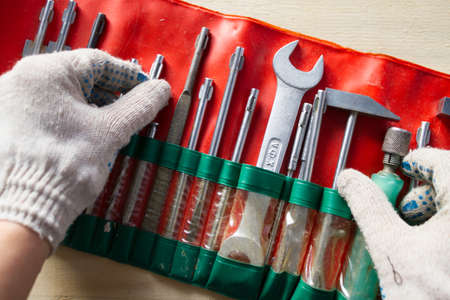 Background with many different tools for DIY, construction, renovationの写真素材