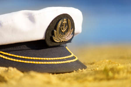Sailor hat on the sand. travel concept. copy spaceの写真素材