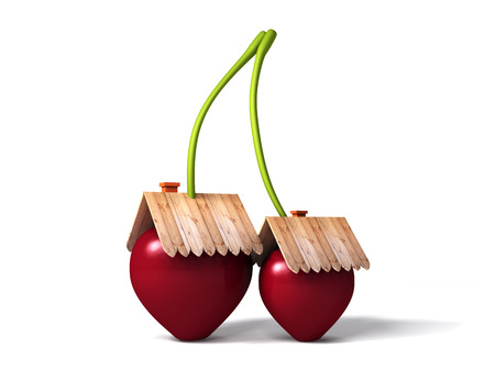 Burgundy cherries with roofs at home on white backgroundの写真素材