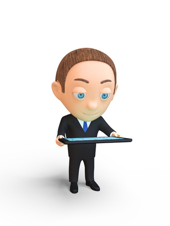 man working with a tablet isolated on white backgroundの写真素材