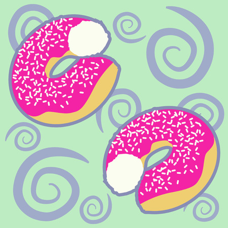 Pattern with flying donuts on a green backgroundの写真素材
