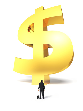 Growing up with a dollar sign surprised businessman on white backgroundの写真素材