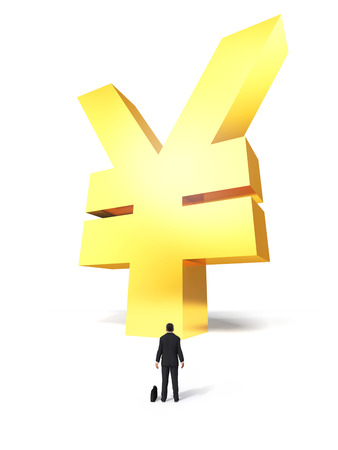 Growing yen sign with surprised businessman on white backgroundの写真素材