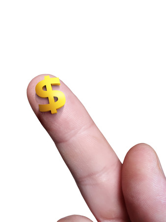 Micro dollar sign on her finger and a white isolated backgroundの写真素材