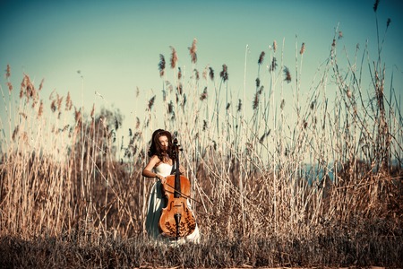Girl with a cello in a tall grassの写真素材