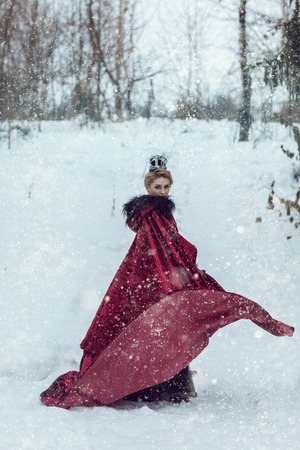 Princess in a red cloak in the snowの写真素材
