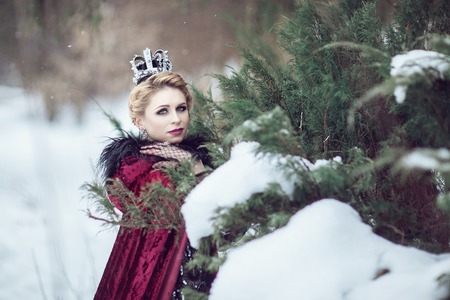 Beautiful Girl in a Raspberry Cloak and Crown in the Woodsの写真素材