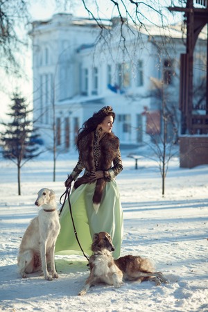 A woman with dark hair with greyhounds on a bright winter dayの写真素材
