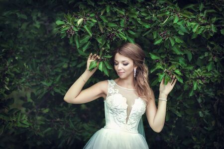 Wedding walk. Bride next to a green treeの写真素材